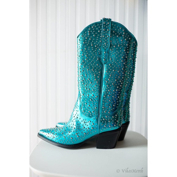 Jeffrey Campbell Shoes - Free People Dagget Studded Western Boots 6 Metallic Blue